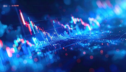 Abstract financial data visualization, charts, and graphs in vibrant blue and red