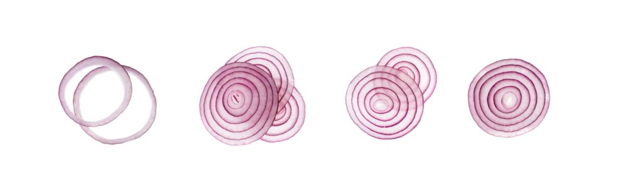 Fresh sliced red onion isolated. Raw purple onion rings set or shallot slices collection top view