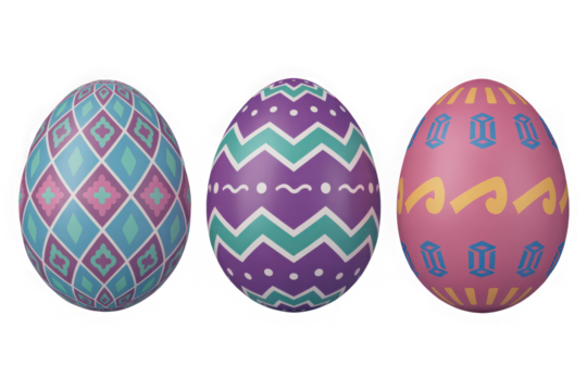 Three decorated Easter eggs colorful patterns festive spring holiday design