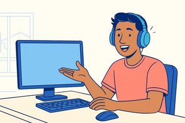 Cartoon man with headphones presenting blank monitor screen in clean workspace for design or branding mockup purposes. Ai generative