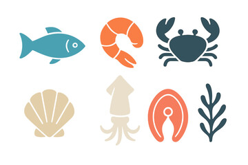 Naklejka premium Stylized collection of seafood and marine organisms including fish, shrimp, crab, scallop, squid, salmon, and seaweed