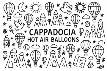 Hot air balloons, cappadocia outline icon set. adventure travel and nature scenic line icons.