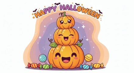 Whimsical Happy Halloween Celebration with Adorable Stacked Pumpkins and Sweet Candy Treats, a Joyful Cartoon Illustration for Festive Autumn Fun