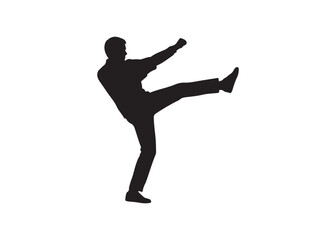 Silhouette of a man kicking isolated on white background
