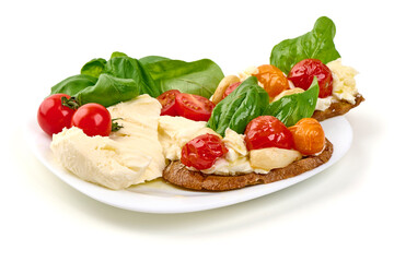 Bruschetta, Tomatoes, Mozzarella, Basil, Isolated on White Background