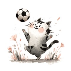 Cartoon Cat Playing Soccer on White Background in Pastel Colors with Delicate Floral Elements
