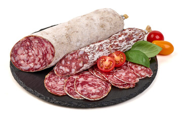 Salami Slice, Tomato, Basil on Slate, isolated on white background
