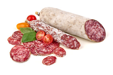 Salami Sausage Slices, Tomatoes, Basil, isolated on white background