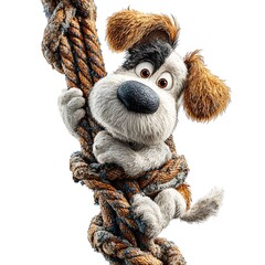 Brown And White Cartoon Dog Mountaineer Climbing Rope Outdoor Mascot In 3D Render On White Background