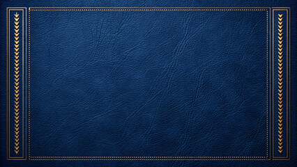 Elegant navy blue leather texture background with ornate golden decorative border featuring chevron patterns, dashed frame, and sophisticated vintage-inspired design with rich luxurious appearance.