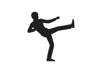 Silhouette of a man kicking isolated on white background