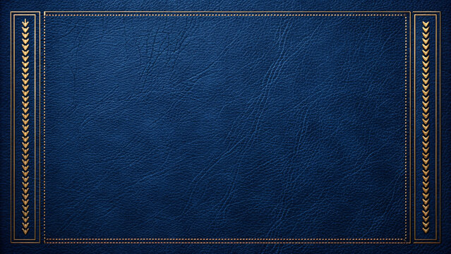 Elegant navy blue leather texture background with ornate golden decorative border featuring chevron patterns, dashed frame, and sophisticated vintage-inspired design with rich luxurious appearance.