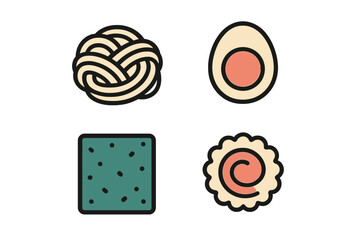 Obraz premium Stylized Asian food ingredients collection featuring ramen noodles, boiled egg, seaweed, and narutomaki fish cake icons for culinary design