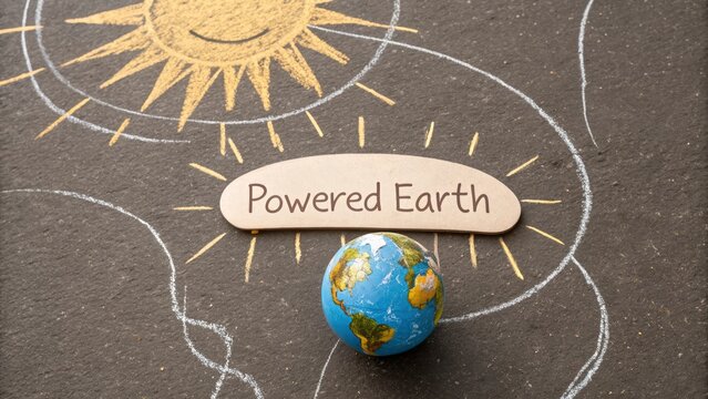 A globe representing Powered Earth under a drawing of the sun