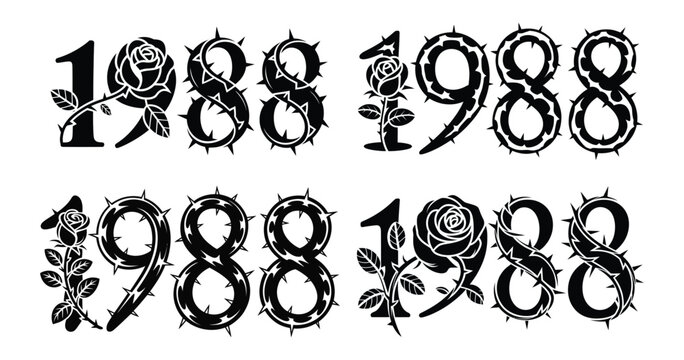 Black rose and thorn decorated numbers 1988 in four variations year typography