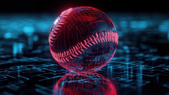 Futuristic depiction of baseball with neon grid and reflective surface