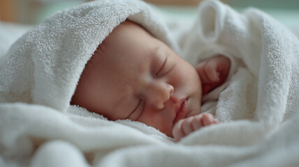 赤ちゃんが白い毛布で静かに眠る