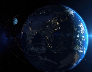 Earth from space, night side, with moon and other celestial bodies
