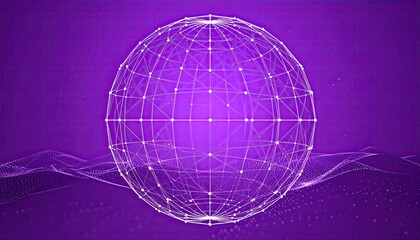 A glowing white wireframe sphere sits above a purple, abstract, undulating landscape.  The sphere is composed of interconnected nodes and lines, creating a sense of depth and connection