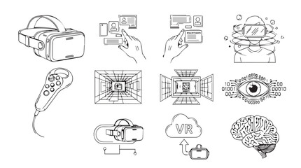 Collection of hand-drawn icons representing virtual reality technology and concepts vector