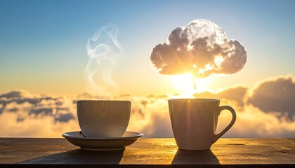 Two cups of coffee with a cloud graphic over sunrise