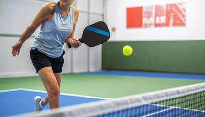 An adult woman senior in athletic wear hits a bright yellow pickleball with a paddle during a fast paced game on an indoor court.