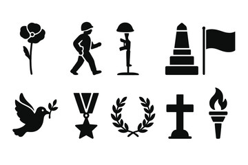 Memorial day silhouette icon set. honor, tribute, remembrance icons silhouette collection