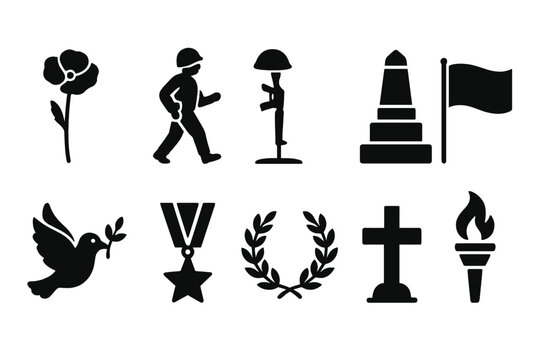 Memorial day silhouette icon set. honor, tribute, remembrance icons silhouette collection