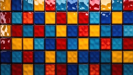 Vibrant glossy ceramic tiles in a grid pattern with yellow, red,