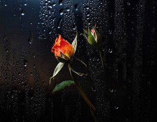 Orange rosebud behind wet glass