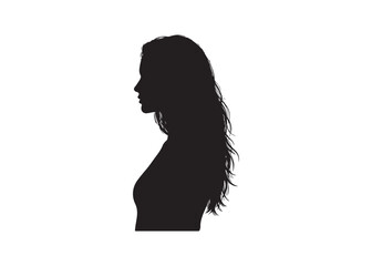 Silhouette of a woman with long hair isolated on white background.
