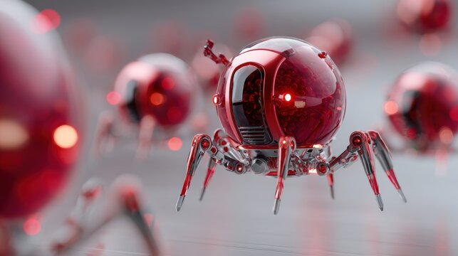 Cancer-Targeting Nanobots. Futuristic robotic spider with a glossy red sphere body amidst blurred orbs.