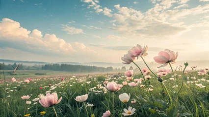 Gordijnen Kaki Pastel pink ranunculus and cosmos flowers blanket meadow under soft blue sky, stretching toward distant mountains and evergreen forest in peaceful morning light.  © Wachiraya