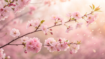 Fototapeta premium Pink cherry blossom branches showcase full blooms and buds against dreamy bokeh background, soft petals drifting through warm peachy-pink filtered light creating magic.
