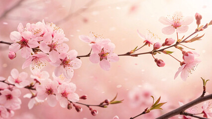 Cherry blossom branch displays clusters of pale pink flowers with golden stamens against soft blurred background, delicate petals floating through gentle spring air.