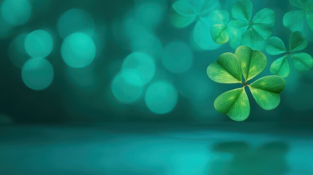 A vibrant four-leaf clover floats above a reflective surface, set against a shimmering green bokeh background with other blurred clovers. It symbolizes luck and nature, blurred green background