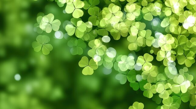 Vibrant green shamrocks and clovers with a beautiful bokeh effect, creating a fresh, lively, and lucky background. Perfect for nature, spring, or St. Patrick's Day themes, blurred green background
