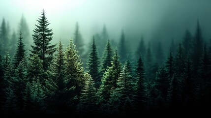 A dense, atmospheric evergreen forest shrouded in mystical fog, with tall pine trees receding into the misty backdrop, creating a tranquil yet mysterious natural scene, blurred green background