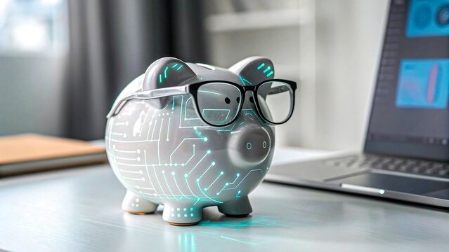 Smart piggy bank with glasses and digital circuit design symbolizing fintech and savings 
