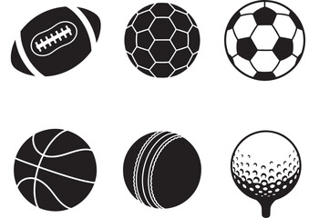Set of sports balls in black and white simple vector icons for design elements isolated on white background