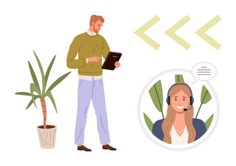 Man studying clipboard near plant and woman with headset communicating via digital bubble. Ideal for teamwork, consultation, remote work, communication, customer support, collaboration, productivity