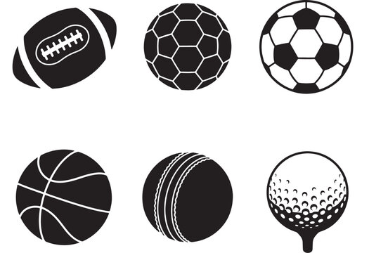 Set of sports balls in black and white simple vector icons for design elements isolated on white background - Powered by Adobe