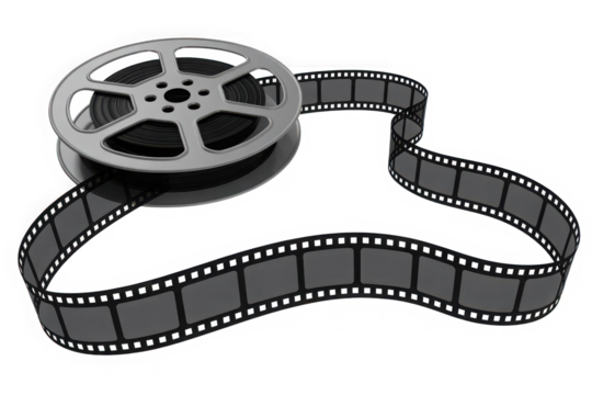 Film reel with filmstrip illustration isolated on white background