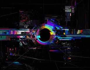 Abstract digital art with vibrant glitch effects and a central dark circle