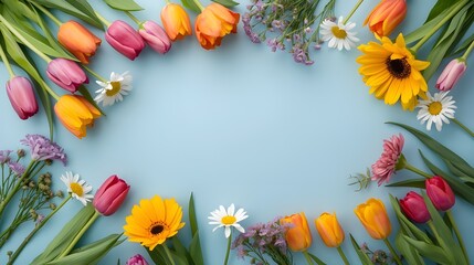 Artistic arrangement of vibrant flowers on a flat blue background, showcasing a spring-inspired nature flat lay.