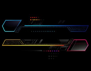 Two layered futuristic HUD elements with vibrant colored highlights and geometric shapes on a dark background