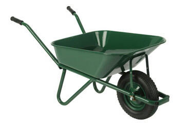 Green wheelbarrow garden tool for landscaping and construction work isolated