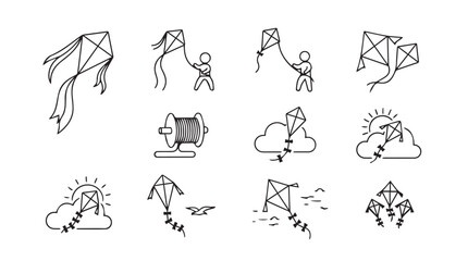 Collection of hand drawn kite flying scenes diverse activities and weather conditions sketch style vector
