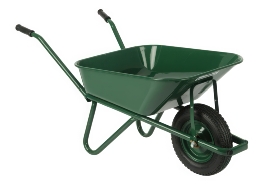 Green wheelbarrow garden tool for landscaping and construction work isolated
