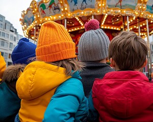 Vibrant winter hats on young children eagerly awaiting a turn on a dazzling illuminated carousel at a festive outdoor market capturing the pure joy of childhood adventures